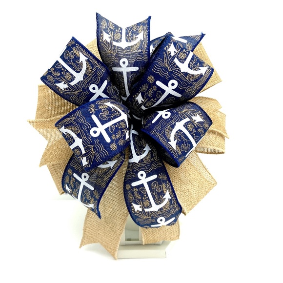 Handcrafted Navy and Burlap Nautical Wreath Bow - Picture 1 of 2